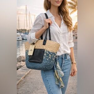 Patricia Nash Calypso Woven Straw Blue Tote Bag with Scarf (Navy/Natural) NEW